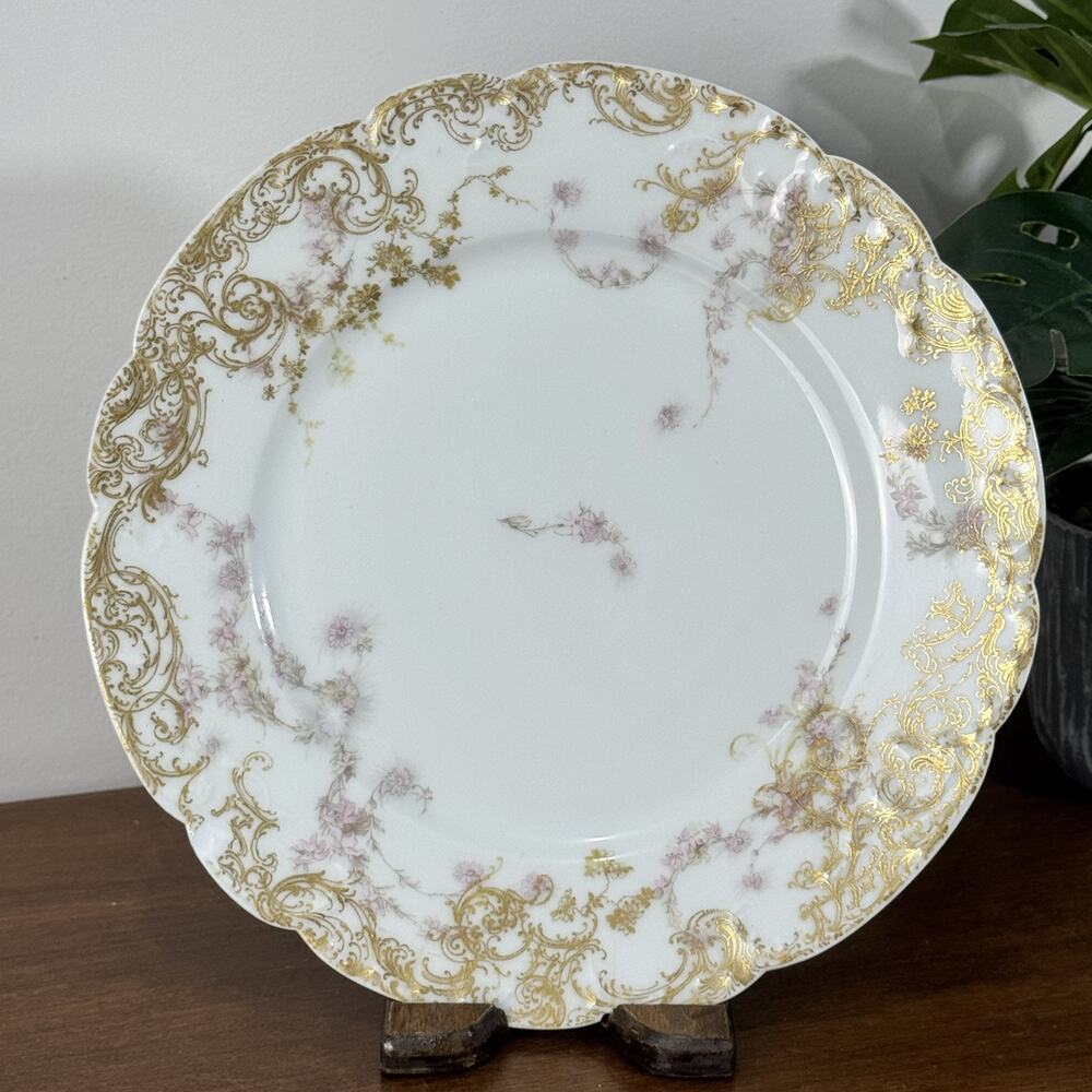 Antique Haviland Limoges H&Co France Pink Floral Gold Scalloped Dinner Plate